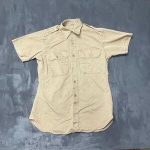 Vintage Utility Khaki Button Up Shirt Men Medium Tan 1960s US Army Military